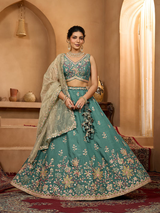 Green Georgette Fabric Sequins embroidery Semi-Stitched Lehenga & Unstitched Blouse With Dupatta