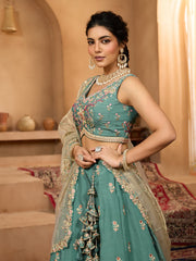 Green Georgette Fabric Sequins embroidery Semi-Stitched Lehenga & Unstitched Blouse With Dupatta