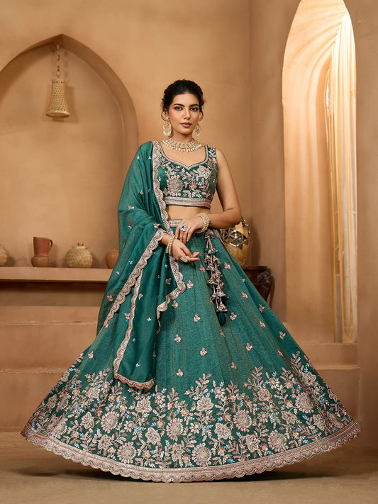 Green Tissue Fabric Sequins embroidery Semi-Stitched Lehenga & Unstitched Blouse With Dupatta