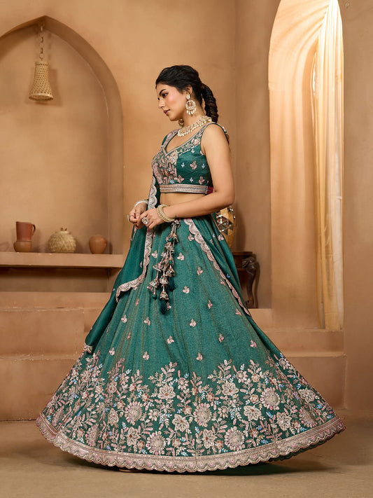Green Tissue Fabric Sequins embroidery Semi-Stitched Lehenga & Unstitched Blouse With Dupatta