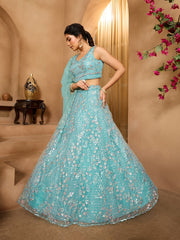 Seagreen Net Fabric Sequins embroidery Semi-Stitched Lehenga & Unstitched Blouse With Dupatta