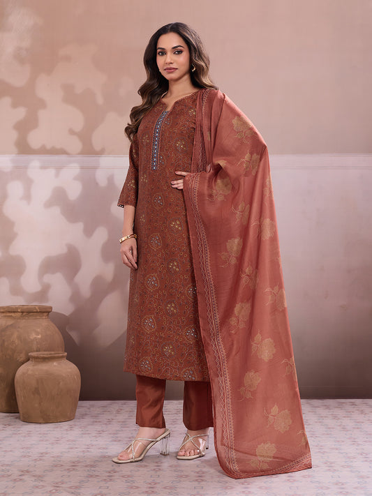Women Ethnic Motifs Printed Regular Thread Work Chanderi Cotton Kurta with Trousers & With Dupatta