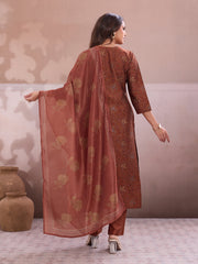 Women Ethnic Motifs Printed Regular Thread Work Chanderi Cotton Kurta with Trousers & With Dupatta