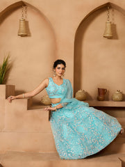 Seagreen Net Fabric Sequins embroidery Semi-Stitched Lehenga & Unstitched Blouse With Dupatta