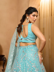 Seagreen Net Fabric Sequins embroidery Semi-Stitched Lehenga & Unstitched Blouse With Dupatta
