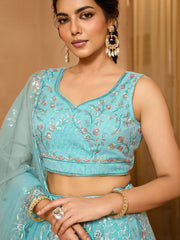 Seagreen Net Fabric Sequins embroidery Semi-Stitched Lehenga & Unstitched Blouse With Dupatta