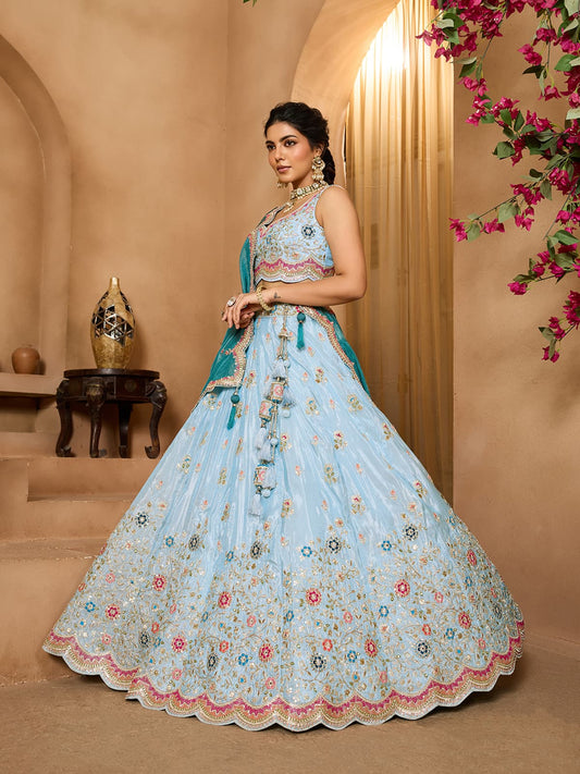 Turquoiseblue- Tissue Fabric Sequins embroidery Semi-Stitched Lehenga & Unstitched Blouse With Dupatta