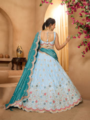 Turquoiseblue- Tissue Fabric Sequins embroidery Semi-Stitched Lehenga & Unstitched Blouse With Dupatta