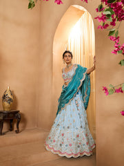 Turquoiseblue- Tissue Fabric Sequins embroidery Semi-Stitched Lehenga & Unstitched Blouse With Dupatta