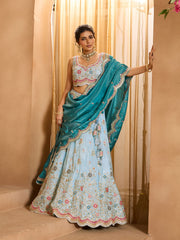 Turquoiseblue- Tissue Fabric Sequins embroidery Semi-Stitched Lehenga & Unstitched Blouse With Dupatta