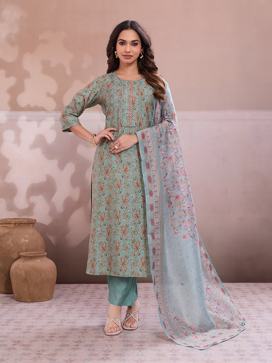 Women Ethnic Motifs Printed Regular Thread Work Chanderi Cotton Kurta with Trousers & With Dupatta