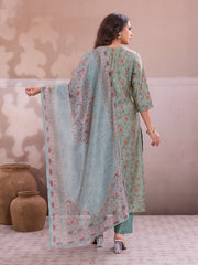 Women Ethnic Motifs Printed Regular Thread Work Chanderi Cotton Kurta with Trousers & With Dupatta
