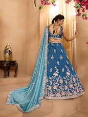 Teal Silk Fabric Sequins embroidery Semi-Stitched Lehenga & Unstitched Blouse With Dupatta