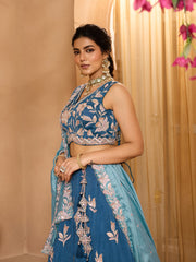 Teal Silk Fabric Sequins embroidery Semi-Stitched Lehenga & Unstitched Blouse With Dupatta