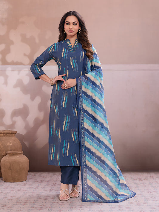 Women Printed Regular Thread Work Chanderi Cotton Kurta with Trousers & With Dupatta