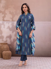 Women Printed Regular Thread Work Chanderi Cotton Kurta with Trousers & With Dupatta