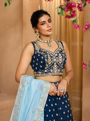 Navyblue Organza Fabric Sequins embroidery Semi-Stitched Lehenga & Unstitched Blouse With Dupatta