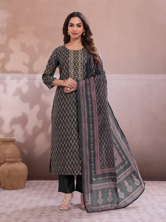 Women Ethnic Motifs Printed Regular Thread Work Chanderi Cotton Kurta with Trousers & With Dupatta