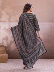 Women Ethnic Motifs Printed Regular Thread Work Chanderi Cotton Kurta with Trousers & With Dupatta