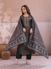 Women Ethnic Motifs Printed Regular Thread Work Chanderi Cotton Kurta with Trousers & With Dupatta