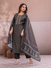 Women Ethnic Motifs Printed Regular Thread Work Chanderi Cotton Kurta with Trousers & With Dupatta