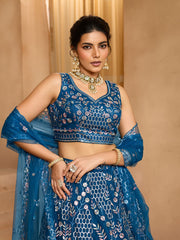 Navyblue Net Fabric Sequins embroidery Semi-Stitched Lehenga & Unstitched Blouse With Dupatta