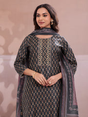 Women Ethnic Motifs Printed Regular Thread Work Chanderi Cotton Kurta with Trousers & With Dupatta