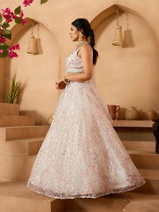 Cream Net Fabric Sequins embroidery Semi-Stitched Lehenga & Unstitched Blouse With Dupatta