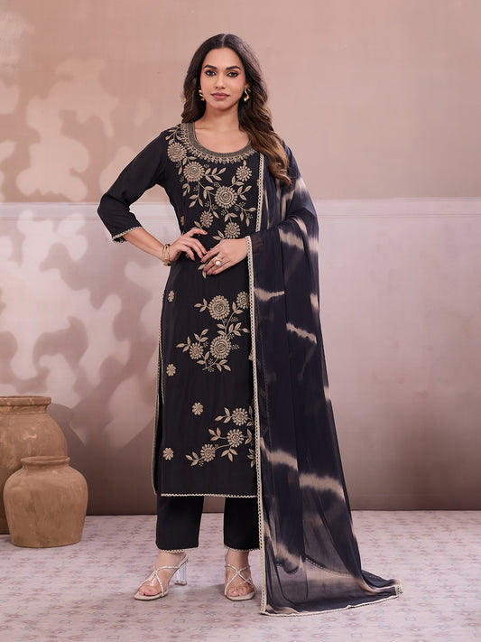 Women Ethnic Motifs Embroidered Regular Thread Work Chanderi Cotton Kurta with Trousers & With Dupatta