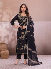 Women Ethnic Motifs Embroidered Regular Thread Work Chanderi Cotton Kurta with Trousers & With Dupatta