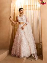 Cream Net Fabric Sequins embroidery Semi-Stitched Lehenga & Unstitched Blouse With Dupatta