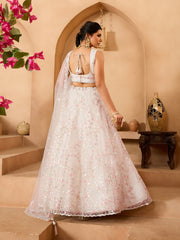 Cream Net Fabric Sequins embroidery Semi-Stitched Lehenga & Unstitched Blouse With Dupatta