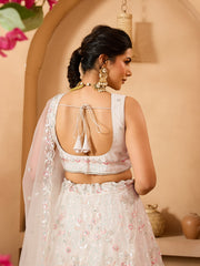 Cream Net Fabric Sequins embroidery Semi-Stitched Lehenga & Unstitched Blouse With Dupatta