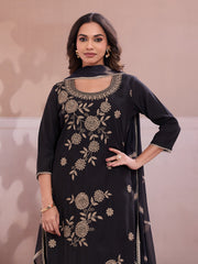 Women Ethnic Motifs Embroidered Regular Thread Work Chanderi Cotton Kurta with Trousers & With Dupatta