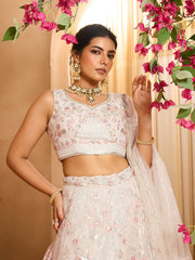 Cream Net Fabric Sequins embroidery Semi-Stitched Lehenga & Unstitched Blouse With Dupatta