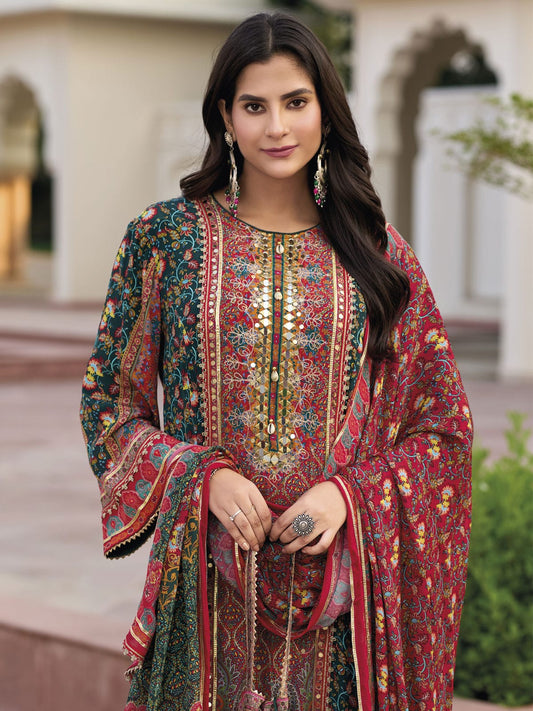 Red And Green Multi Embroidered Pakistani Suit