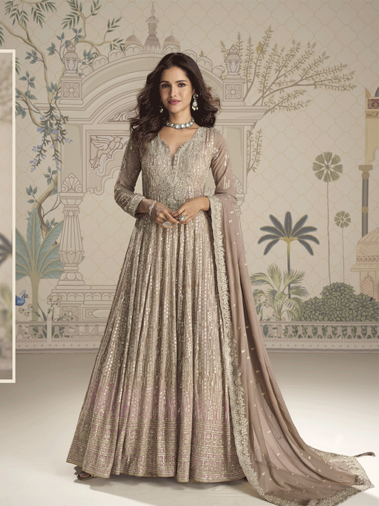 Beige Thread Embroidered Sequins Anarkali Suit Festive Wear