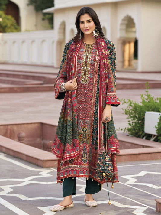Red And Green Multi Embroidered Pakistani Suit