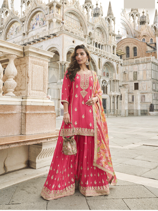 Pink Shimmer Silk Printed With Zari Embroidered Sequins Pakistani Palazzo Suit Festive Wear