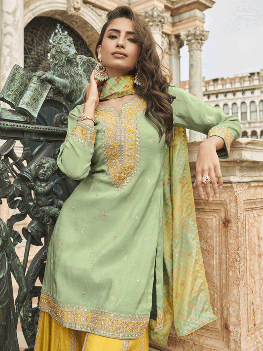 Sea Green Shimmer Silk Zari Embroidered Sequins Pakistani Palazzo Suit Festive Wear
