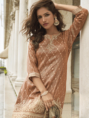 Brown Shimmer Silk Printed With Zari Embroidered Sequins Pakistani Palazzo Suit Festive Wear