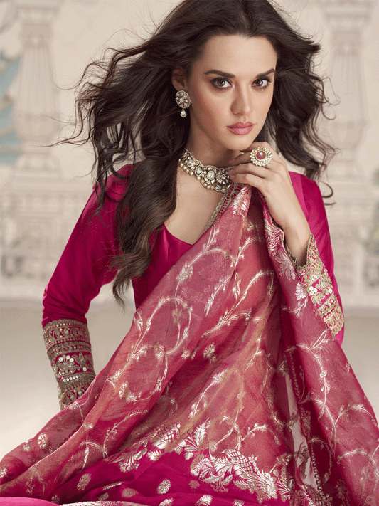 Rani Pink Silk Anarkali Gown with Heavy Jacquard Dupatta