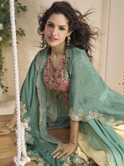 Pink Beige Sharara Set with Embroidered Blouse & Printed Shrug