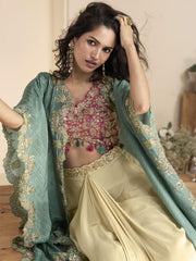 Pink Beige Sharara Set with Embroidered Blouse & Printed Shrug