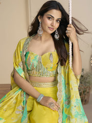Cape Style Chinon Sharara Set with Embroidered Blouse & Printed Shrug