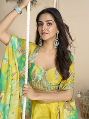 Cape Style Chinon Sharara Set with Embroidered Blouse & Printed Shrug