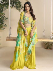 Cape Style Chinon Sharara Set with Embroidered Blouse & Printed Shrug