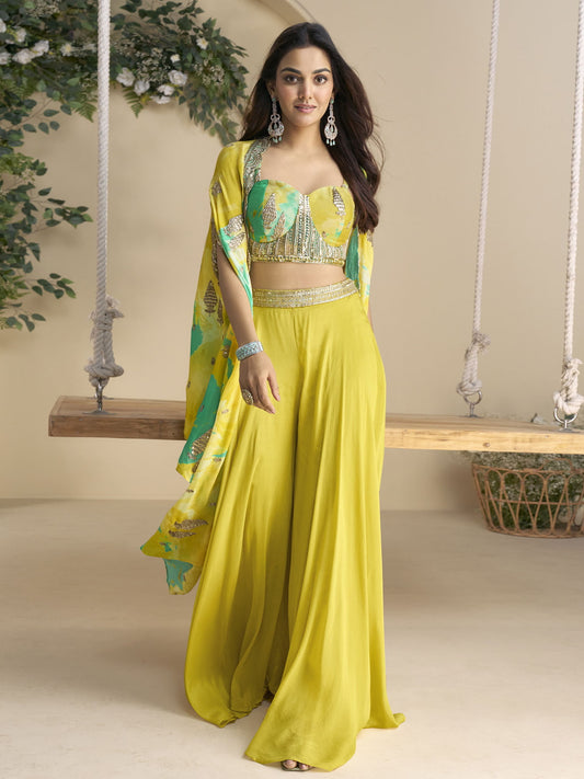 Cape Style Chinon Sharara Set with Embroidered Blouse & Printed Shrug