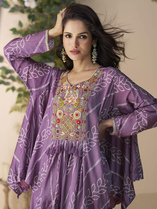 Lavender Embroidery Poncho Style Palazzo Suit