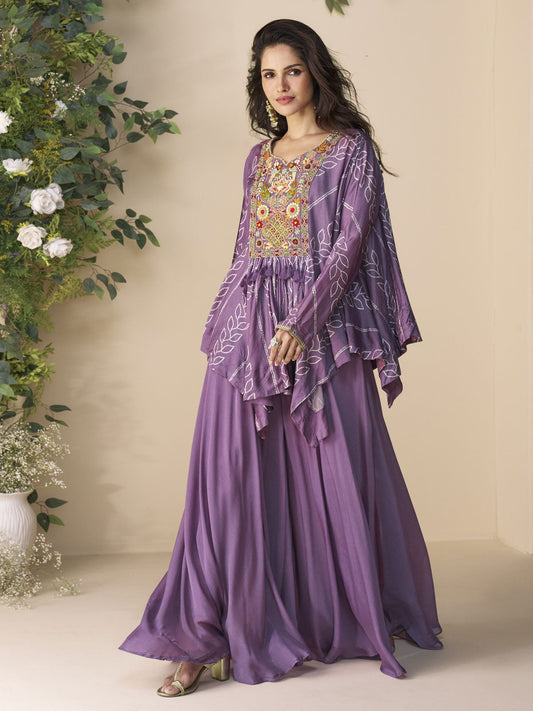 Lavender Embroidery Poncho Style Palazzo Suit